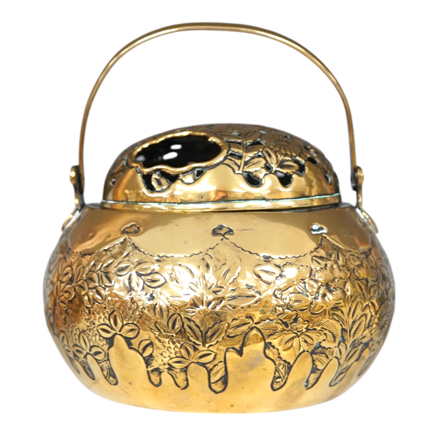 A Chinese brass basket censer and cover, 13cm high. Condition - fair.